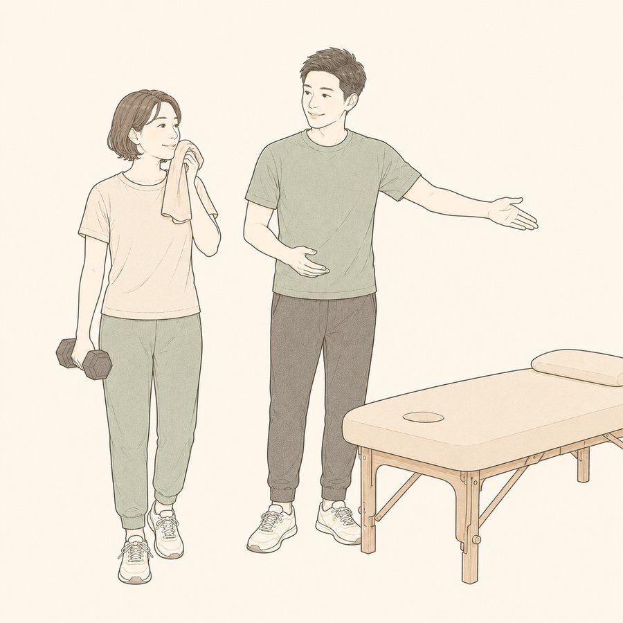 トレーニングを終えた女性を、トレーナーが施術ベッドへ案内しているイラスト