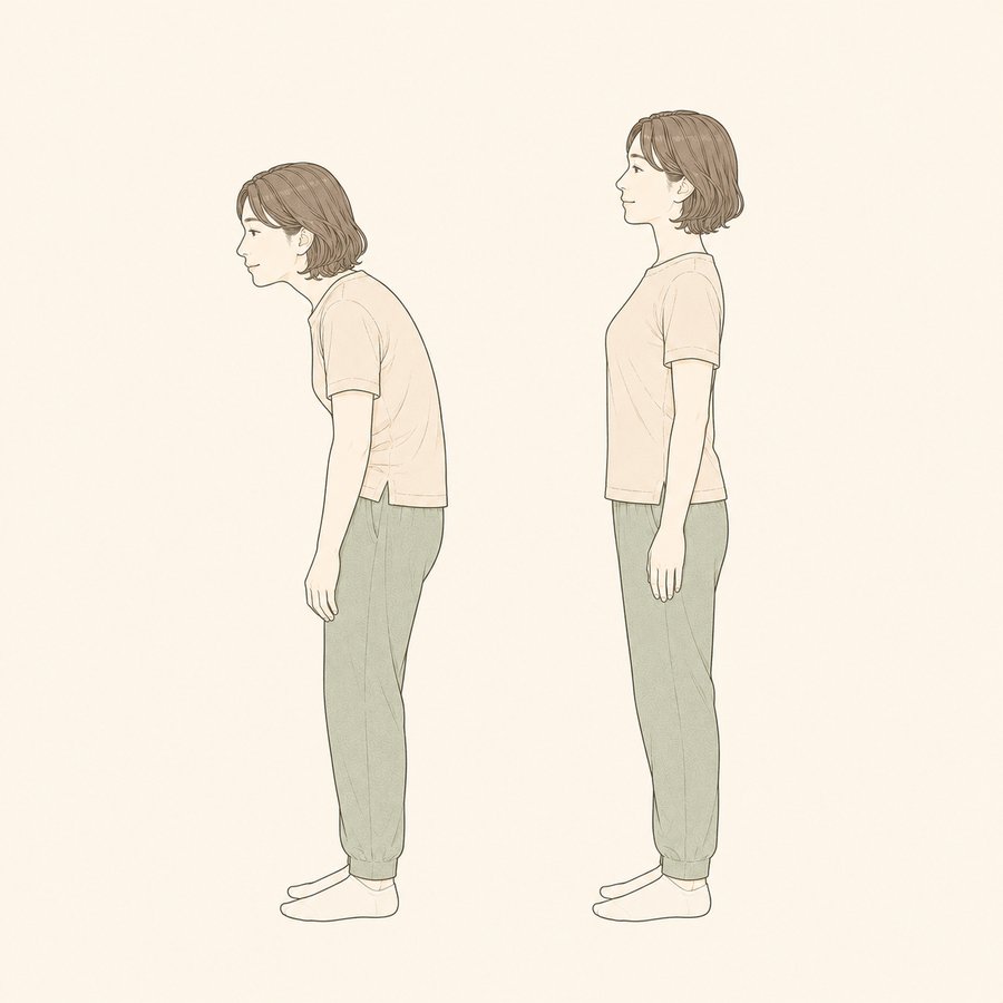 背中が丸まった姿勢と、背筋が伸びた姿勢を並べて比べたイラスト