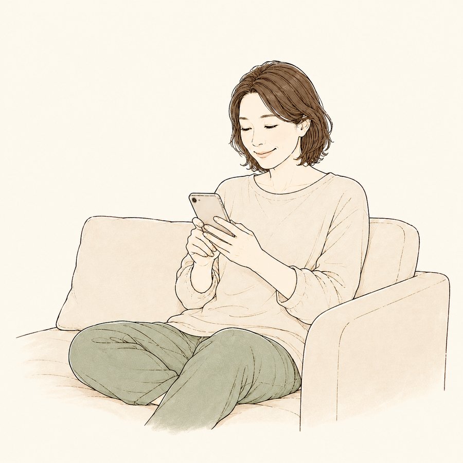 ソファでスマホからWEB予約をしている女性のイラスト