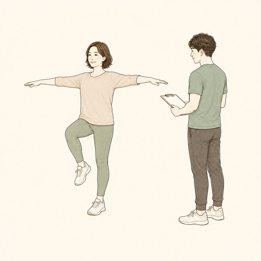 片足立ちのバランスチェックをトレーナーが確認しているイラスト