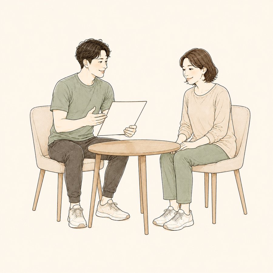 テーブルでチェック結果を見ながら進め方を一緒に決めているイラスト