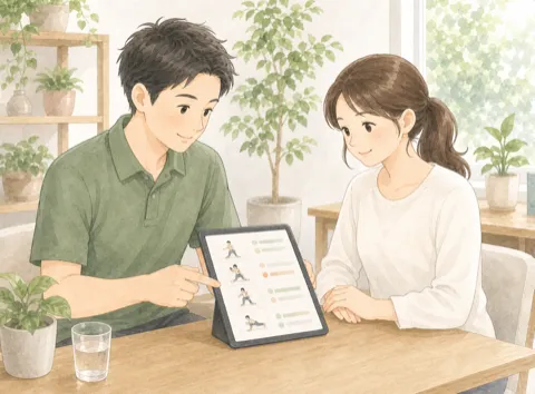 体験のあとにトレーナーと通い方を相談しているイラスト