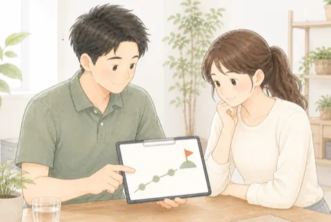 トレーナーがタブレットで通い方を説明しているイラスト