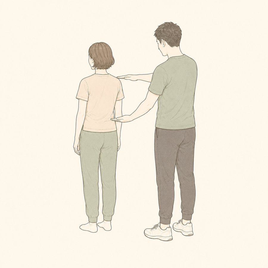 STEP02　立った姿勢で肩と腰の高さの左右差を確認している様子