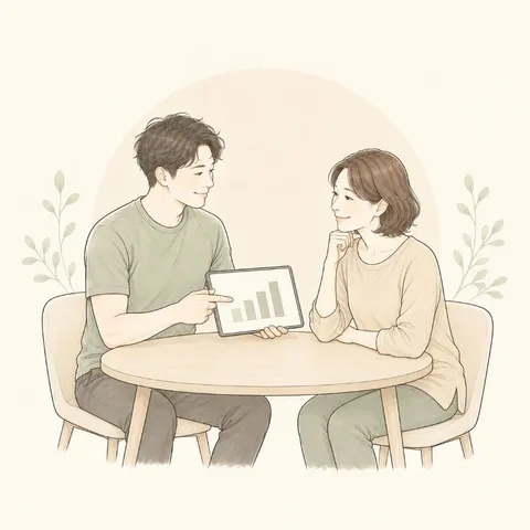 トレーナーがタブレットで通い方のプランを比べて説明しているイラスト