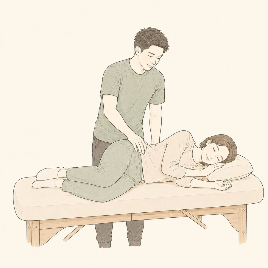横向きに寝たお客様の腰に手を添えて施術しているトレーナーのイラスト