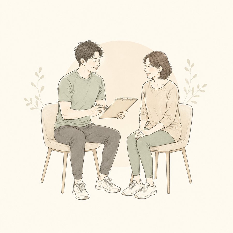トレーナーとお客様が同じ目線でメニューを一緒に決めているイラスト