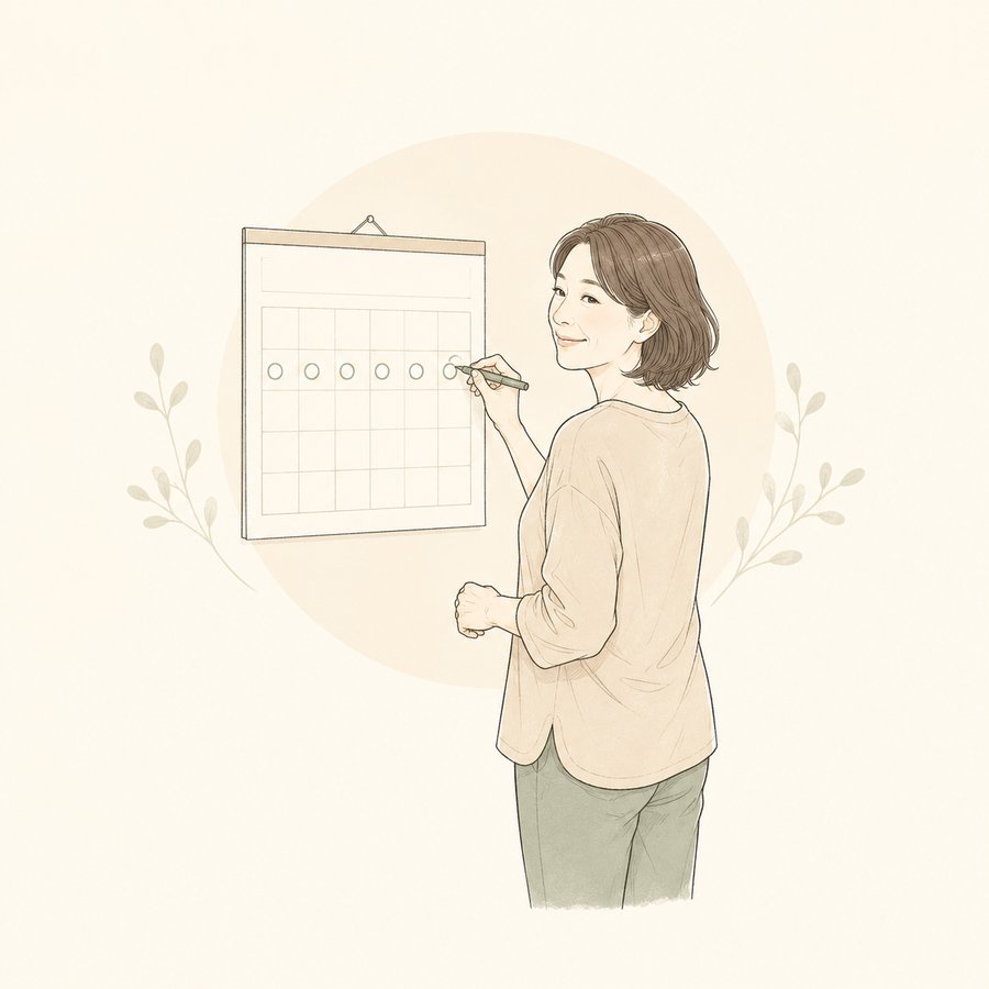 カレンダーに続いた丸印を書き込みながら微笑む女性のイラスト