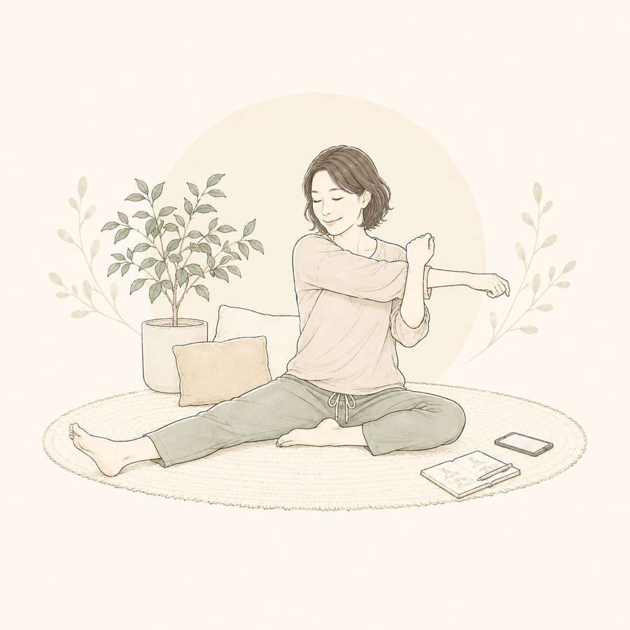 自宅のリビングで教わったケアを実践しながらストレッチする女性のイラスト