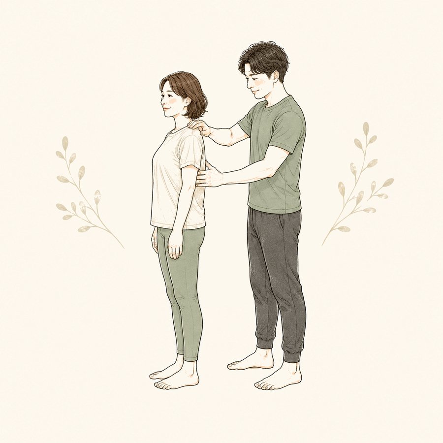 トレーナーがお客様の姿勢を確認している様子のイラスト