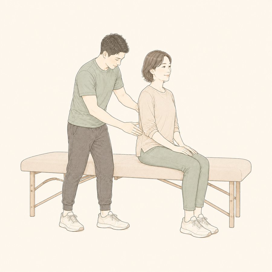 施術ベッドに座ったお客様の背中に手を添え、背骨と骨盤のラインを確認しているトレーナーのイラスト