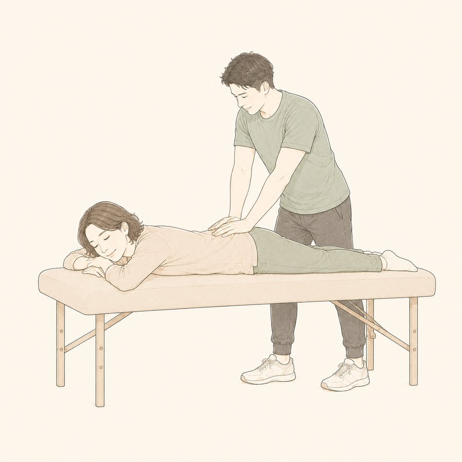 うつ伏せのお客様の背中に両手のひらを重ね、ゆっくり圧をかけているトレーナーのイラスト