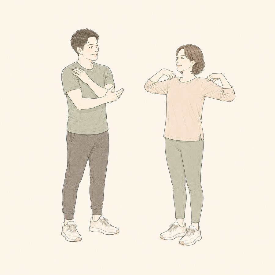 施術のあと、肩の動かし方をトレーナーが身振りで説明しているイラスト