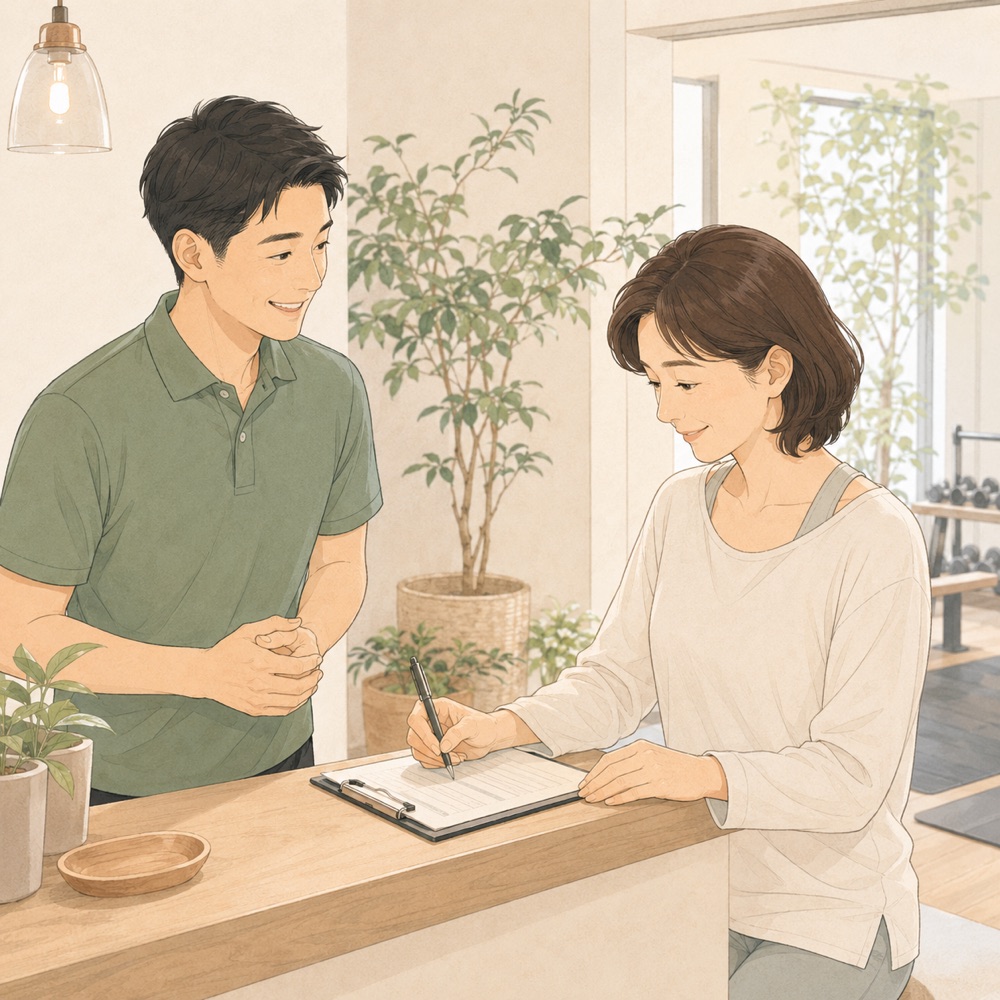 パーソナルジムの受付でカウンセリングシートを記入する様子のイラスト