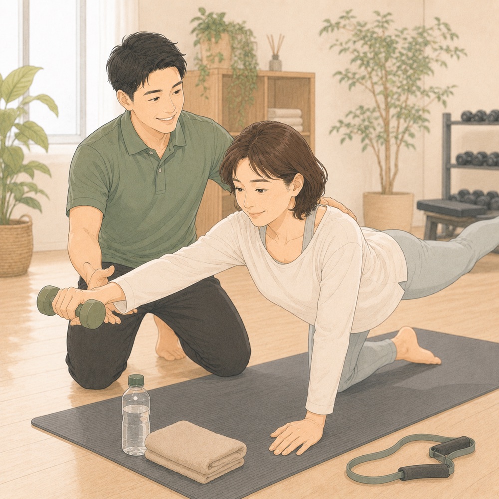 マットの上でトレーナーと一緒にトレーニングを体験する様子のイラスト