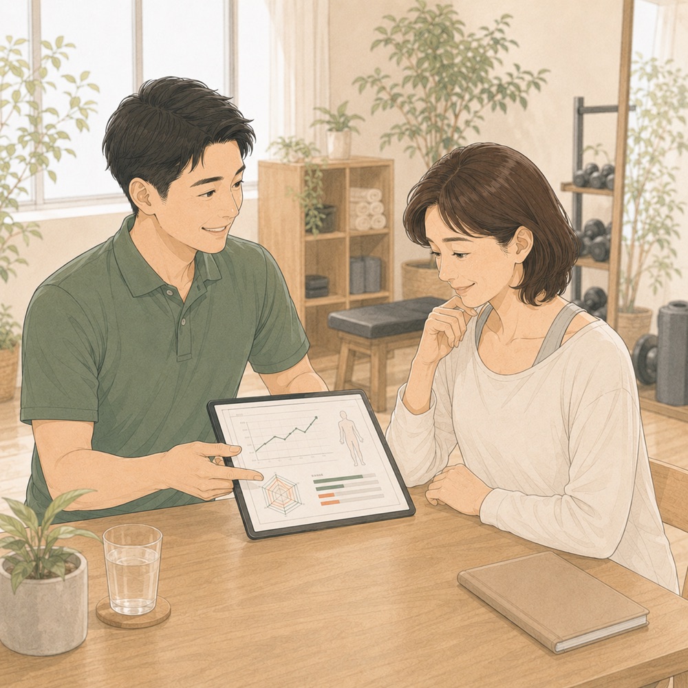 体験の振り返りでチェック結果をタブレットで説明する様子のイラスト