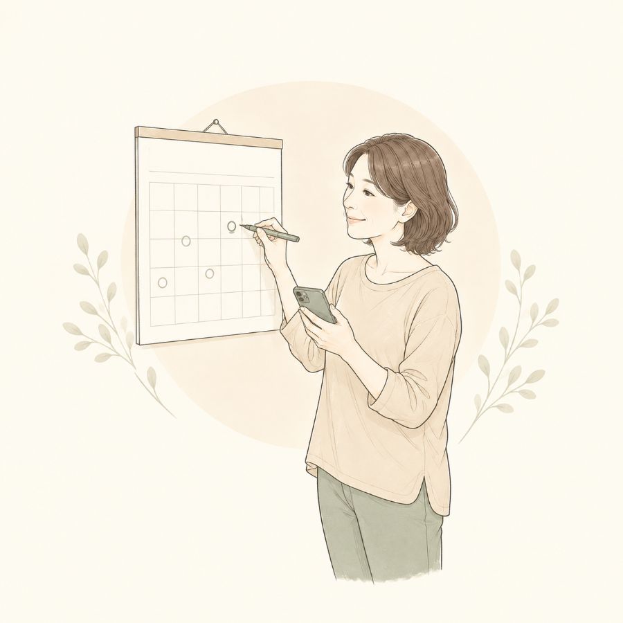 自宅でスマホを見ながらカレンダーに通う日の印をつける女性のイラスト