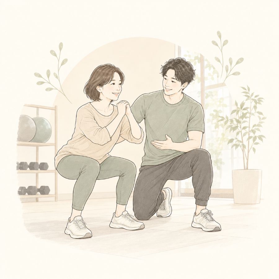 トレーナーが横で支えながら女性会員がスクワットをしているイラスト