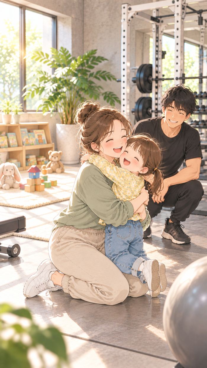 トレーニングを終えたお母さんが子どもを抱きしめ、トレーナーが見守っているイラスト