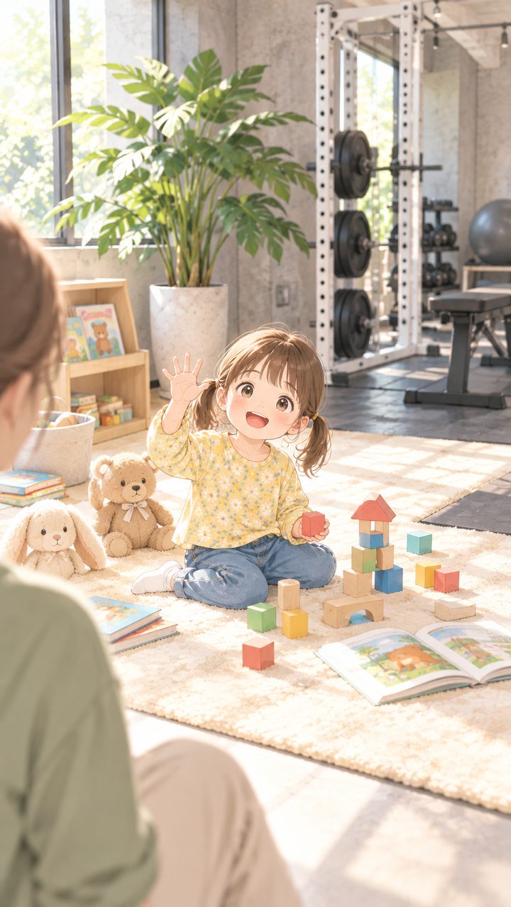 スタジオのキッズスペースで女の子が積み木で遊びながら手を振っているイラスト